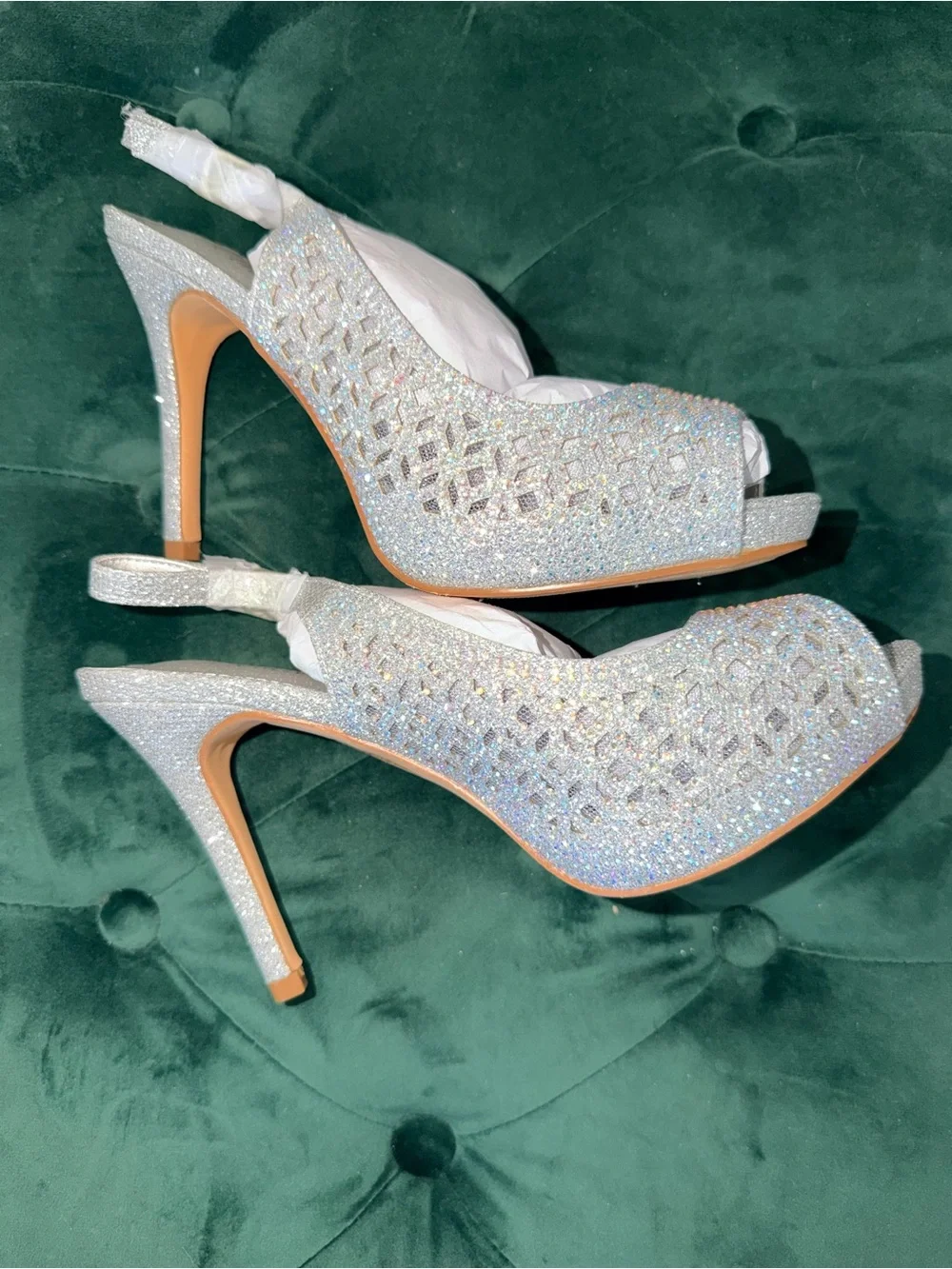 Crystal Embellished Silver Peep-Toe Slingback Heels
